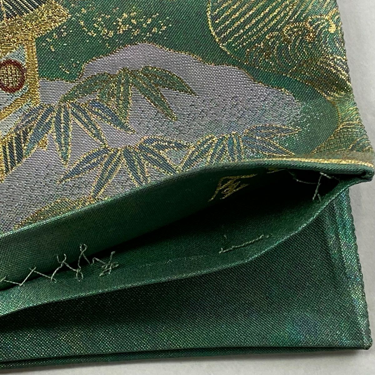 【美品】 袋帶 逸品級 關西仕立 雲景 建物 金絲 金金箔 綠 全通 純蠶絲