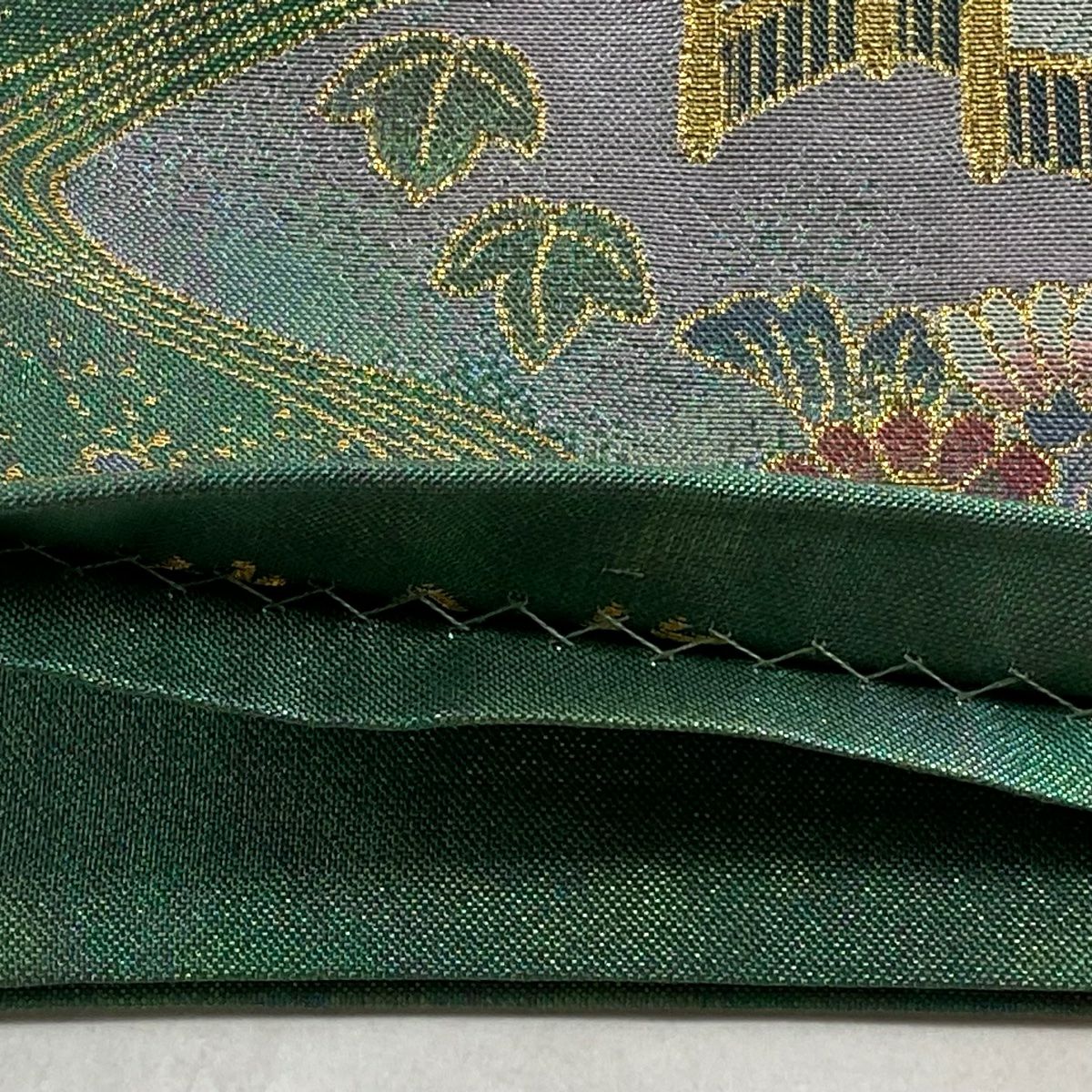 【美品】 袋帶 逸品級 關西仕立 雲景 建物 金絲 金金箔 綠 全通 純蠶絲
