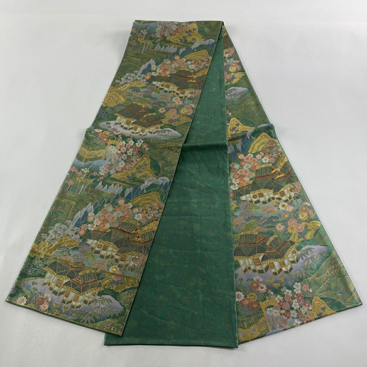 【美品】 袋帶 逸品級 關西仕立 雲景 建物 金絲 金金箔 綠 全通 純蠶絲