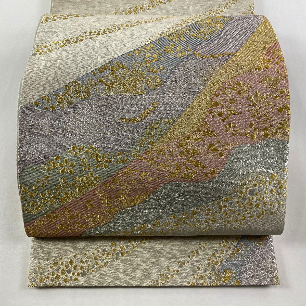 【美品】 袋帶 逸品級 祥園 落款あり 草花紋紋 波 金銀彩 金金箔 灰茶 六通 純蠶絲