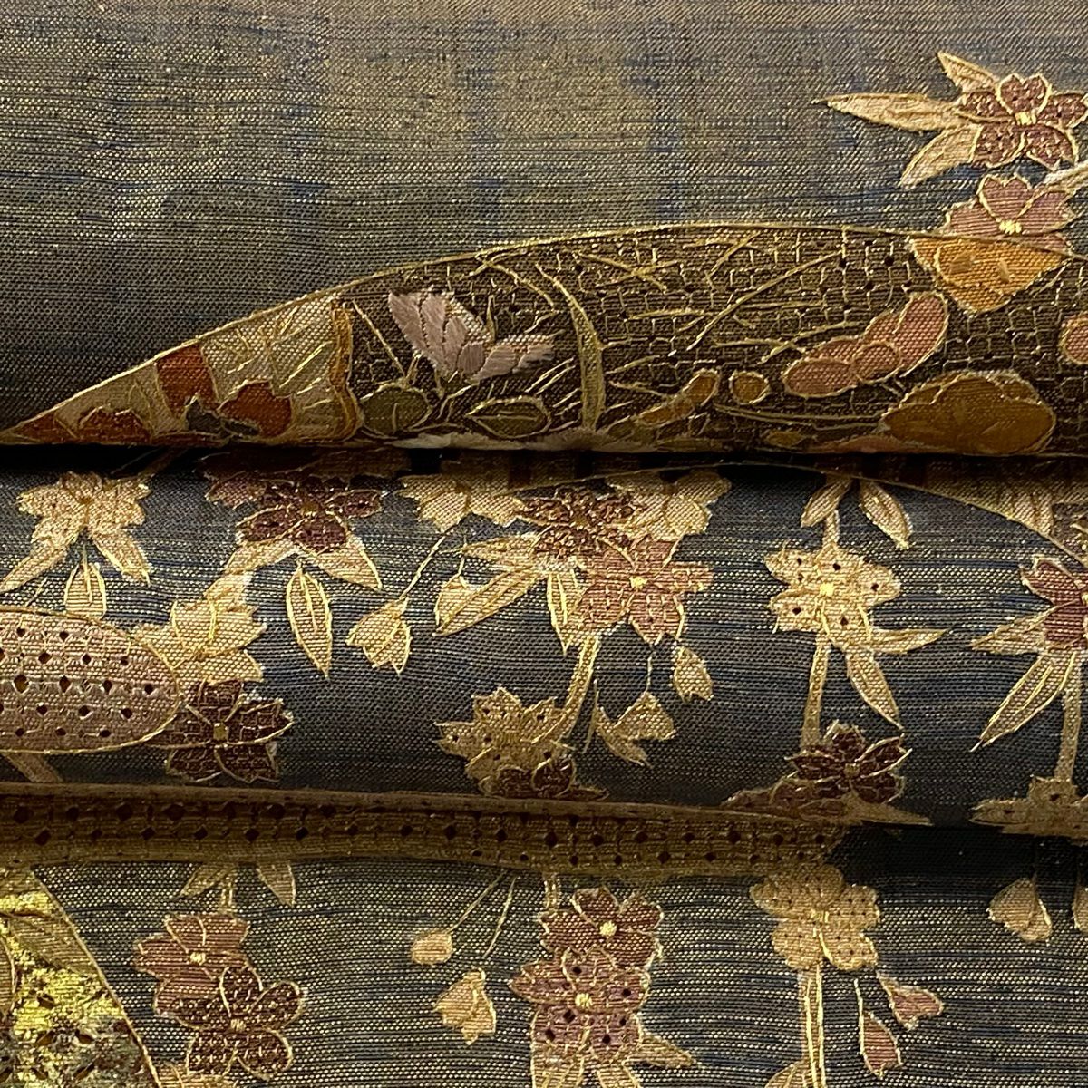 袋帶 逸品級 扇子面 雪輪 刺繡 金銀彩 金茶 大鼓圖案 純蠶絲