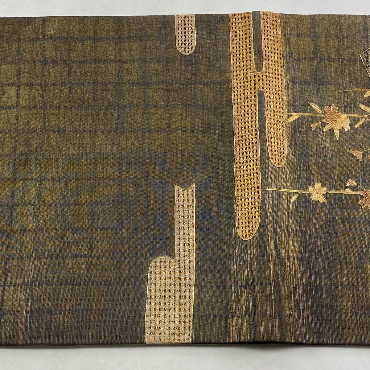 袋帶 逸品級 扇子面 雪輪 刺繡 金銀彩 金茶 大鼓圖案 純蠶絲