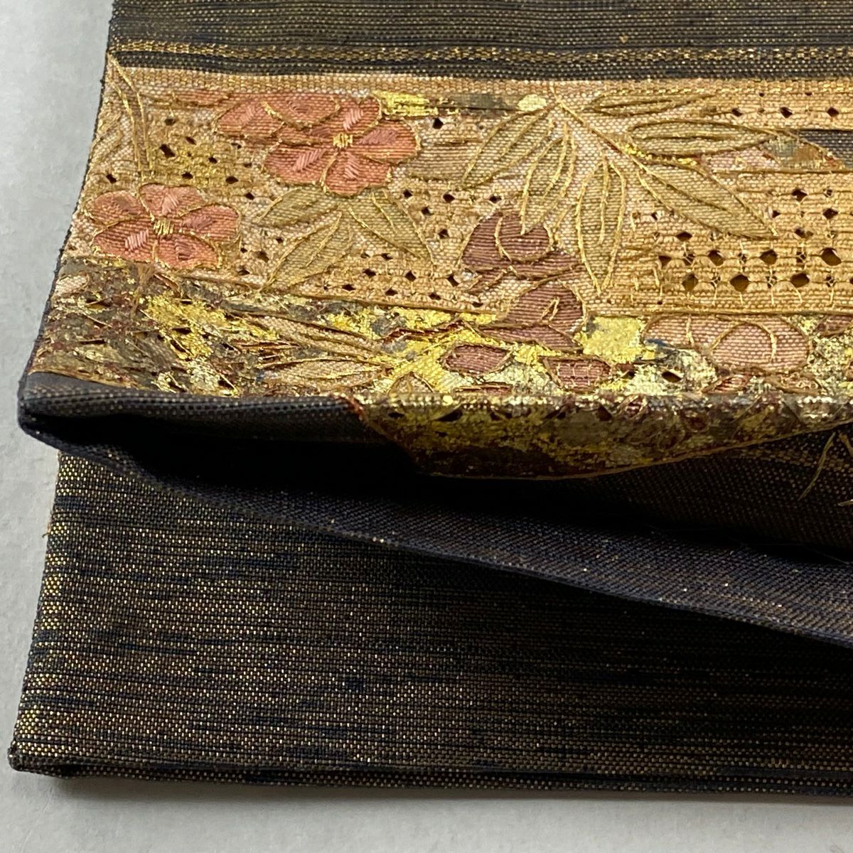 袋帶 逸品級 扇子面 雪輪 刺繡 金銀彩 金茶 大鼓圖案 純蠶絲