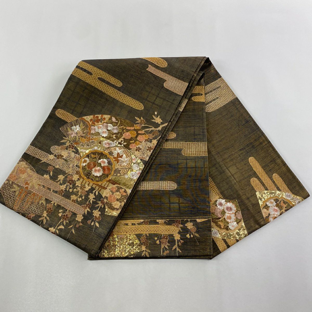 袋帶 逸品級 扇子面 雪輪 刺繡 金銀彩 金茶 大鼓圖案 純蠶絲