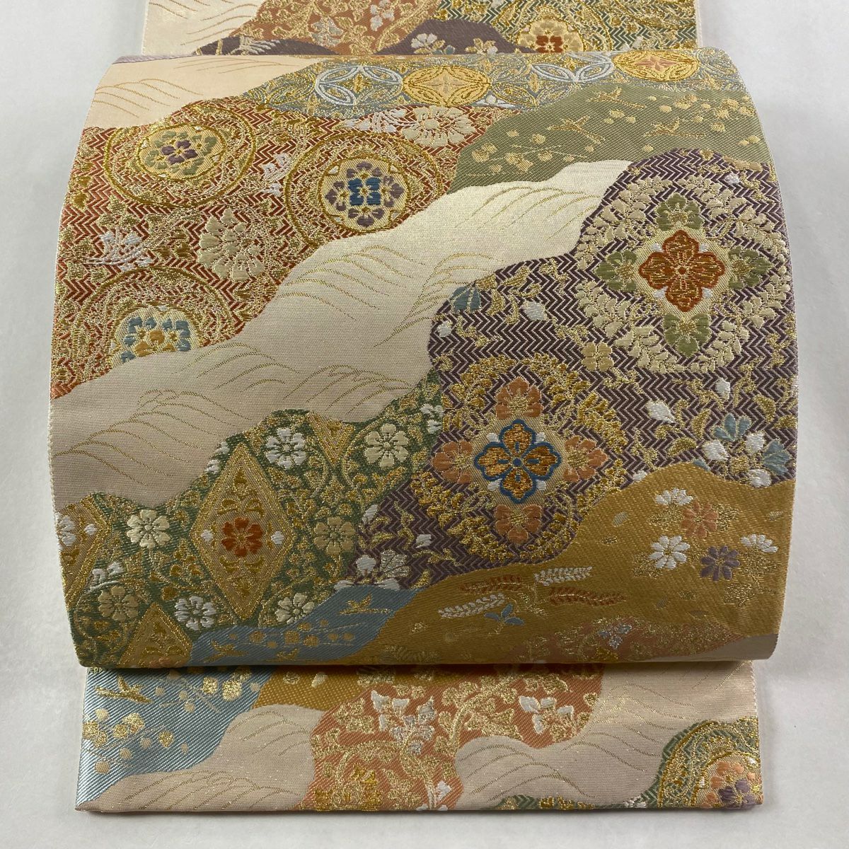 【美品】 袋帶 逸品級 有落款 華紋 道長取 金絲 金金箔 金色 六通 純蠶絲