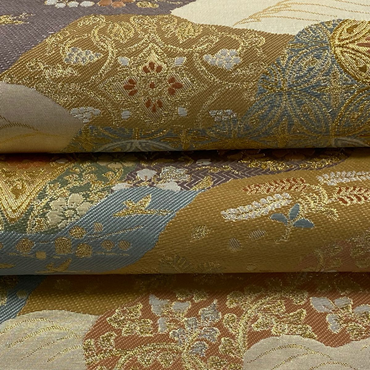 【美品】 袋帶 逸品級 有落款 華紋 道長取 金絲 金金箔 金色 六通 純蠶絲