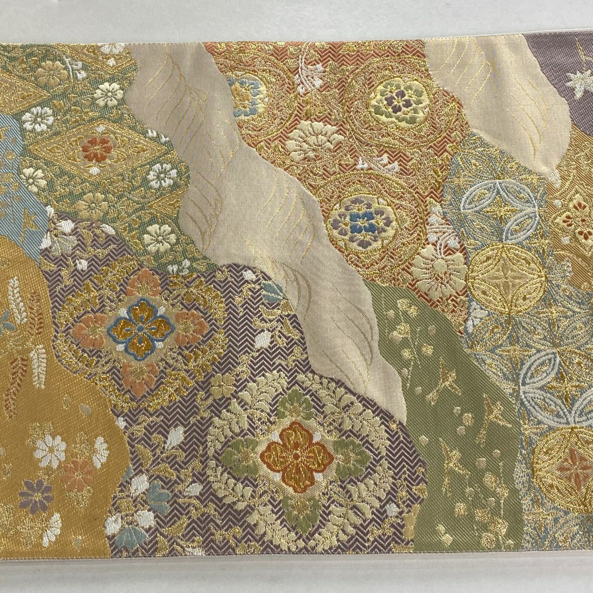 【美品】 袋帶 逸品級 有落款 華紋 道長取 金絲 金金箔 金色 六通 純蠶絲