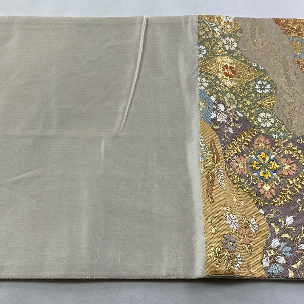 【美品】 袋帶 逸品級 有落款 華紋 道長取 金絲 金金箔 金色 六通 純蠶絲