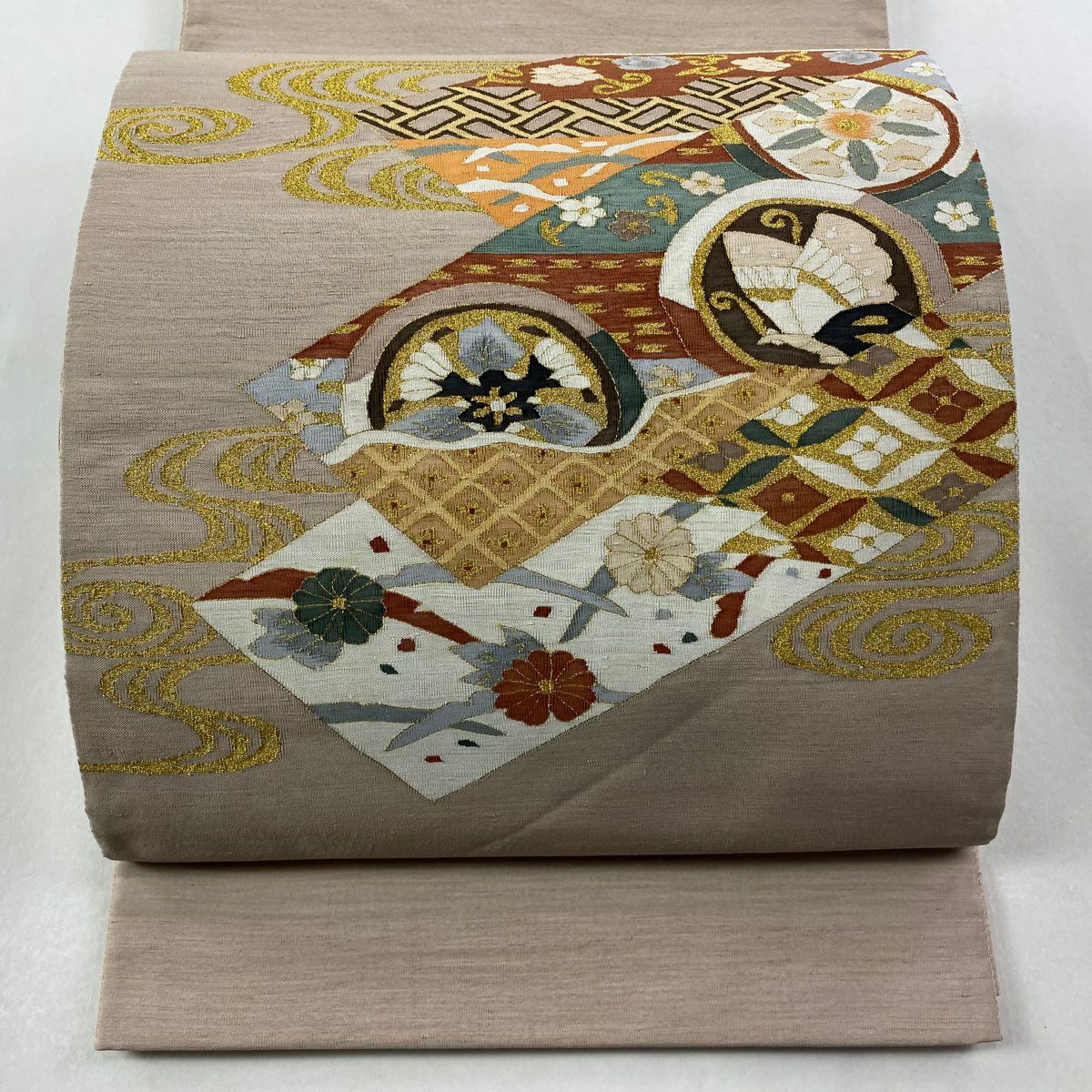【美品】 袋帶 逸品級 圓文 観世水 金絲 淺小豆 大鼓圖案 純蠶絲