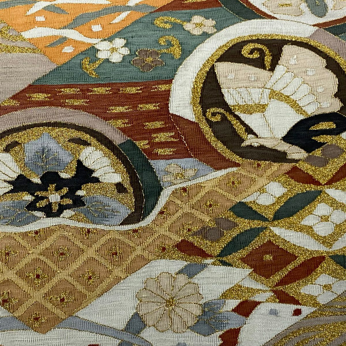 【美品】 袋帶 逸品級 圓文 観世水 金絲 淺小豆 大鼓圖案 純蠶絲