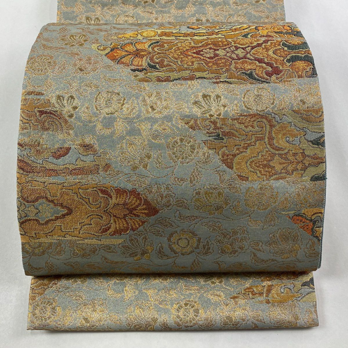 【美品】 袋帶 逸品級 紋屋井關 落款あり 御寮織 花唐草紋 幾何學 金絲 金金箔 灰綠 六通 純蠶絲