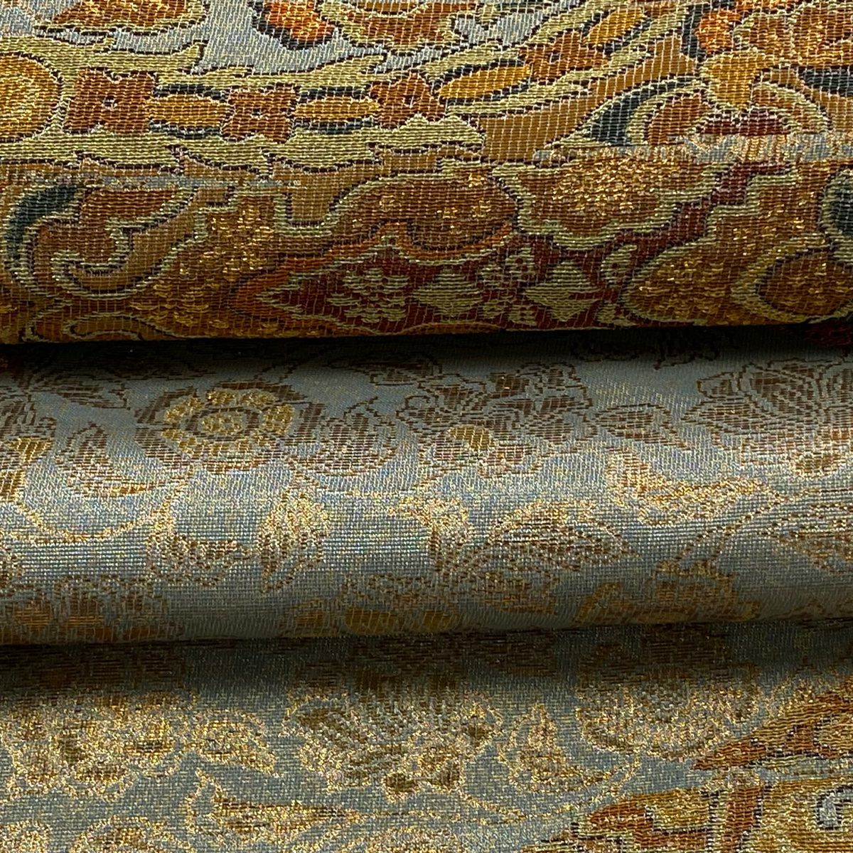 【美品】 袋帶 逸品級 紋屋井關 落款あり 御寮織 花唐草紋 幾何學 金絲 金金箔 灰綠 六通 純蠶絲