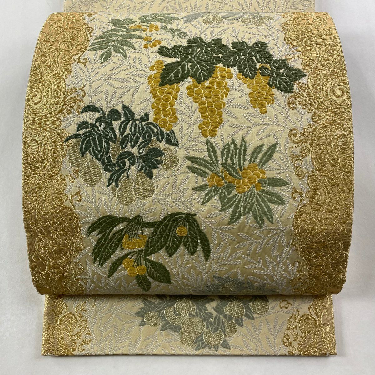 袋帶 逸品級 果樹 葉紋 刺繡 金銀線 米色 大鼓紋 純蠶絲