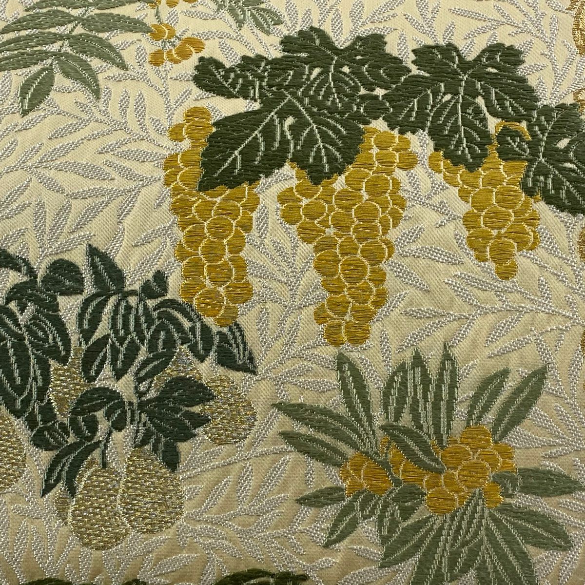 袋帶 逸品級 果樹 葉紋 刺繡 金銀線 米色 大鼓紋 純蠶絲