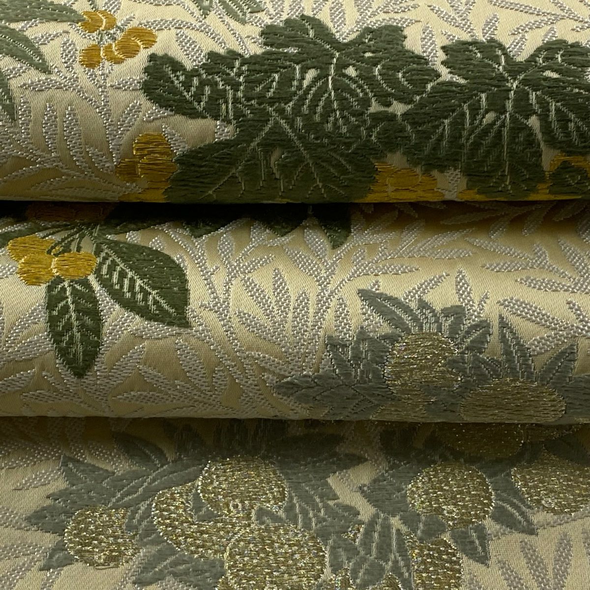 袋帶 逸品級 果樹 葉紋 刺繡 金銀線 米色 大鼓紋 純蠶絲