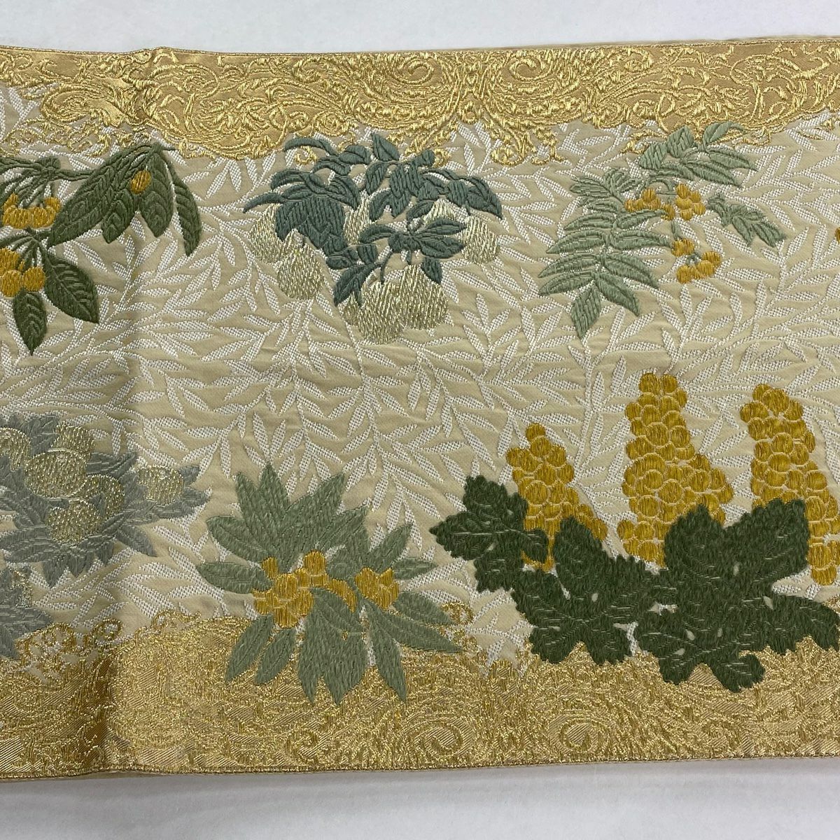 袋帶 逸品級 果樹 葉紋 刺繡 金銀線 米色 大鼓紋 純蠶絲