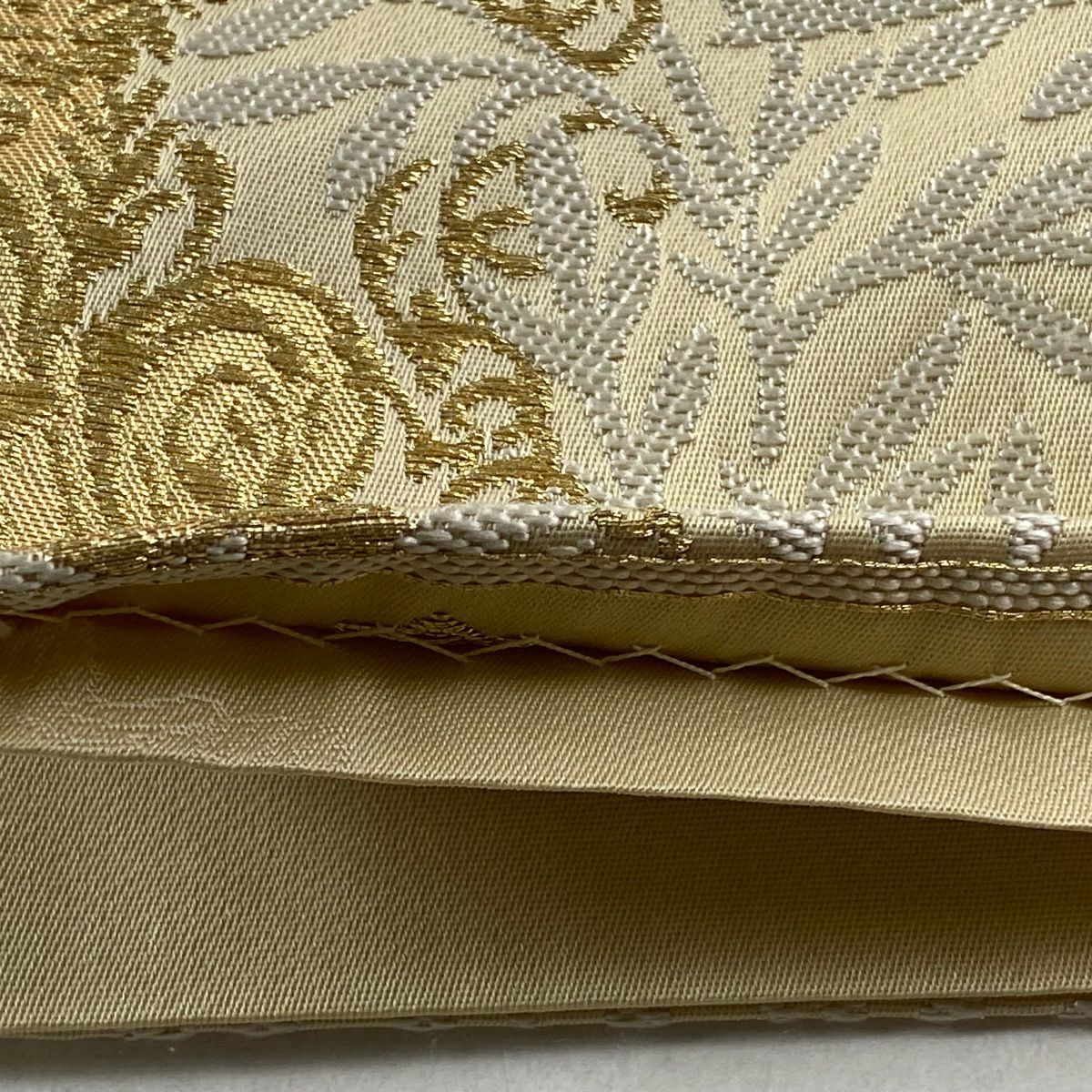 袋帶 逸品級 果樹 葉紋 刺繡 金銀線 米色 大鼓紋 純蠶絲