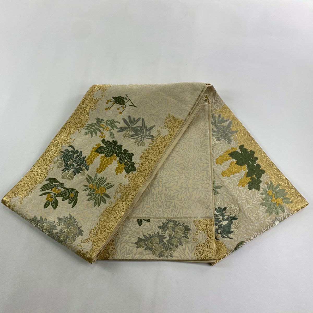 袋帶 逸品級 果樹 葉紋 刺繡 金銀線 米色 大鼓紋 純蠶絲