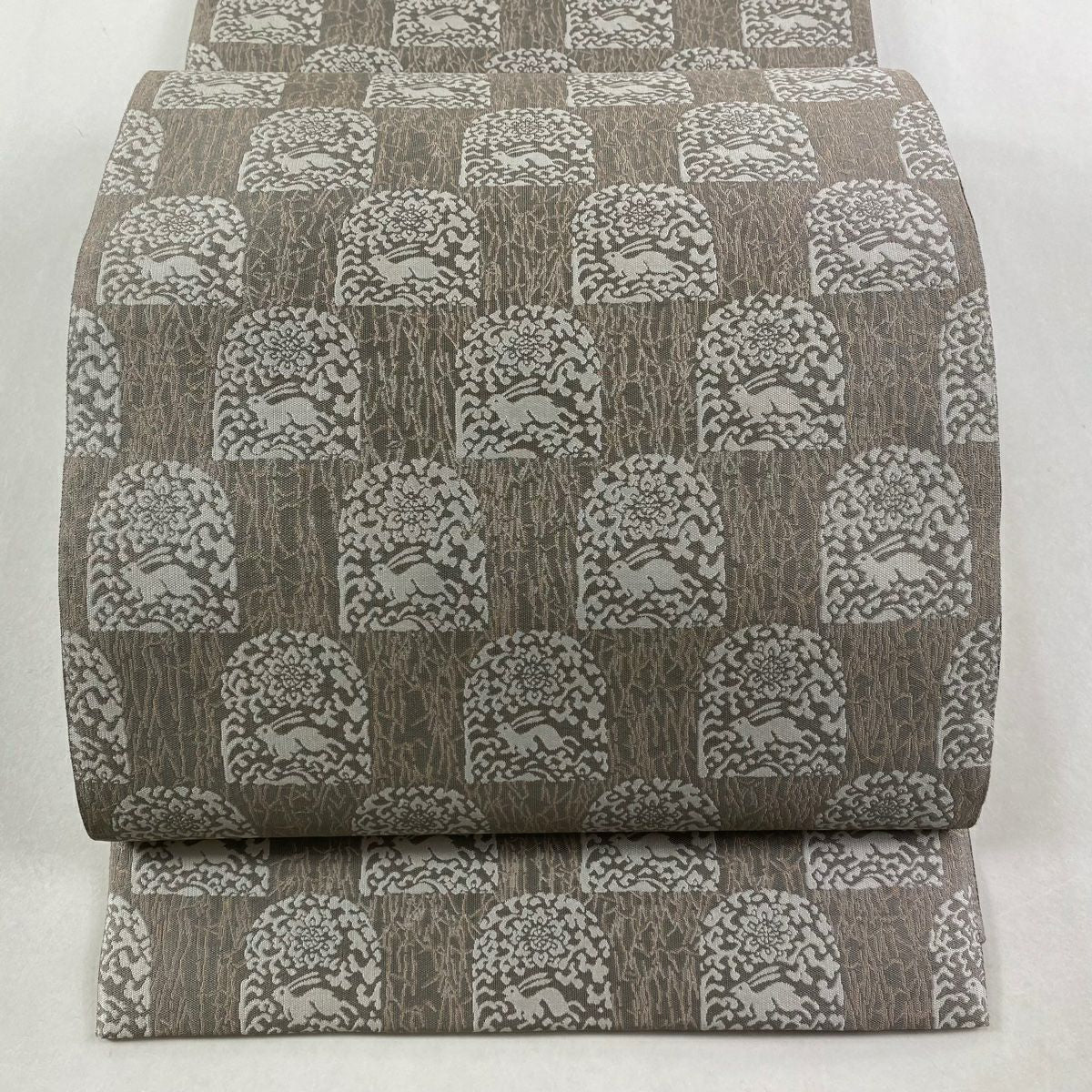【美品】 袋帶 逸品級 花兔 花兔 灰 深藍 六通 純蠶絲