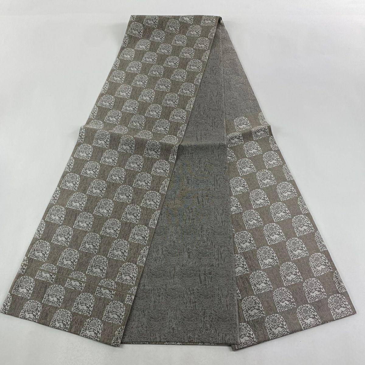 【美品】 袋帶 逸品級 花兔 花兔 灰 深藍 六通 純蠶絲