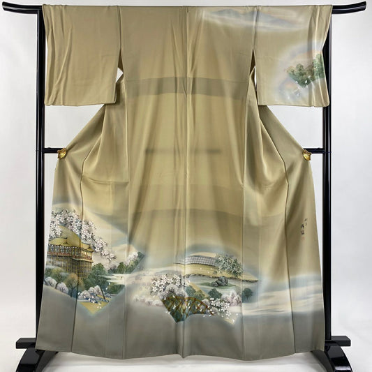 訪問服 身長164cm 袖長66cm M 雙層 落款あり 清水寺 櫻花 漸層 淡黃土色 純蠶絲 優品級