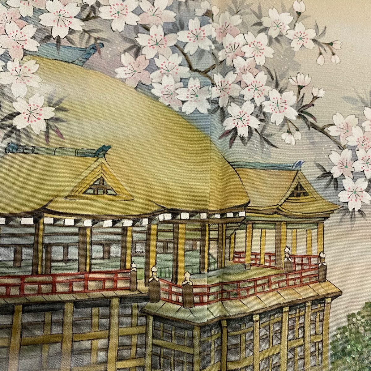 訪問服 身長164cm 袖長66cm M 雙層 落款あり 清水寺 櫻花 漸層 淡黃土色 純蠶絲 優品級