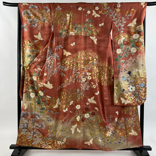 振袖禮服 身長158cm 袖長67cm M 雙層 蝶 菊花 金絲 金銀彩 粉紅 純蠶絲 優品級