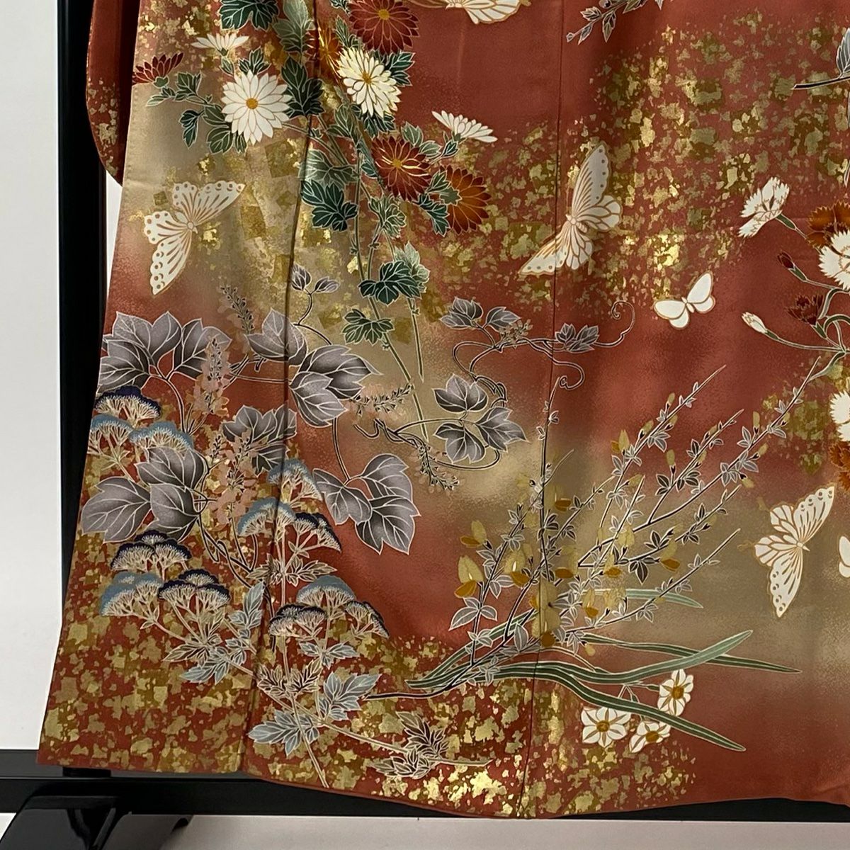 振袖禮服 身長158cm 袖長67cm M 雙層 蝶 菊花 金絲 金銀彩 粉紅 純蠶絲 優品級