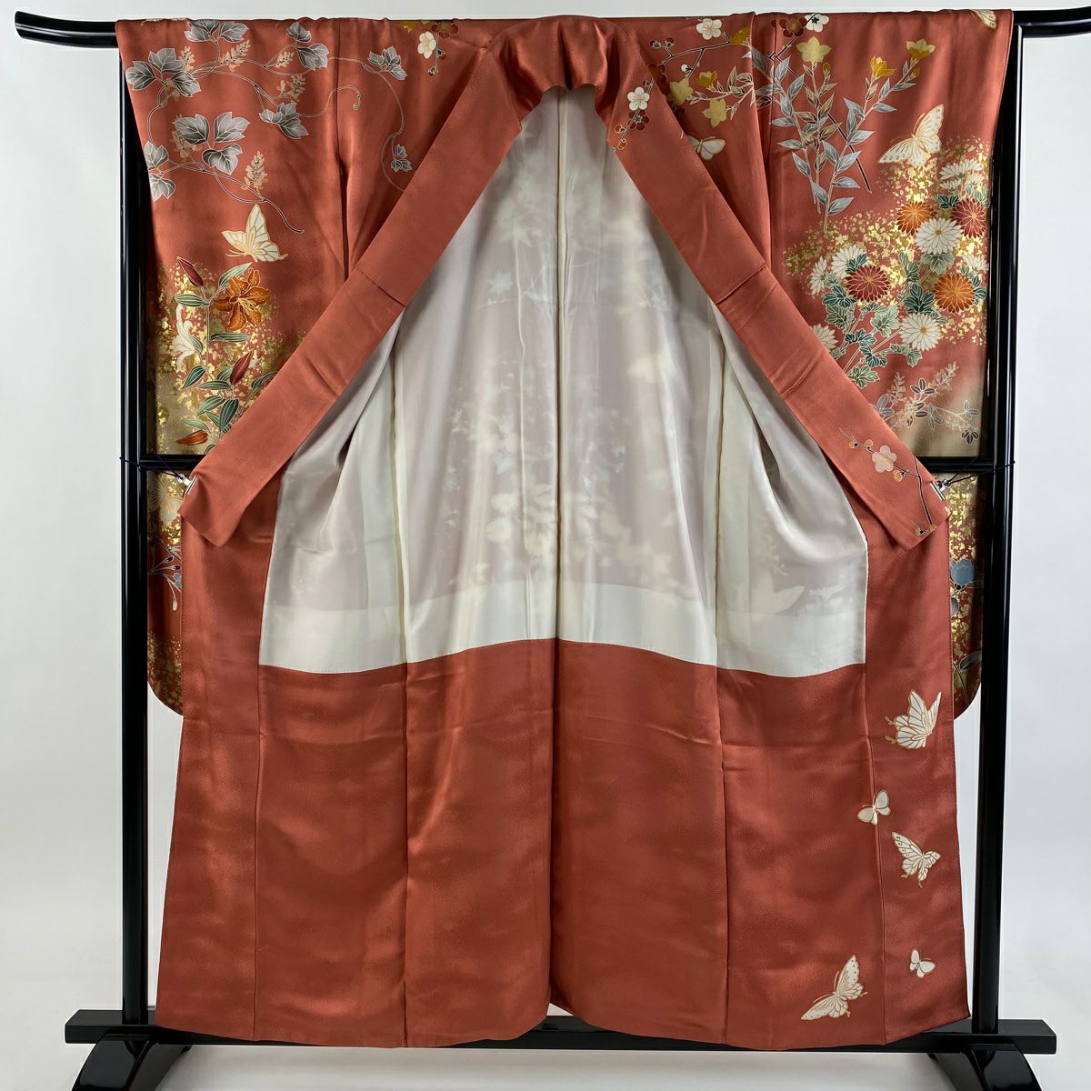 振袖禮服 身長158cm 袖長67cm M 雙層 蝶 菊花 金絲 金銀彩 粉紅 純蠶絲 優品級