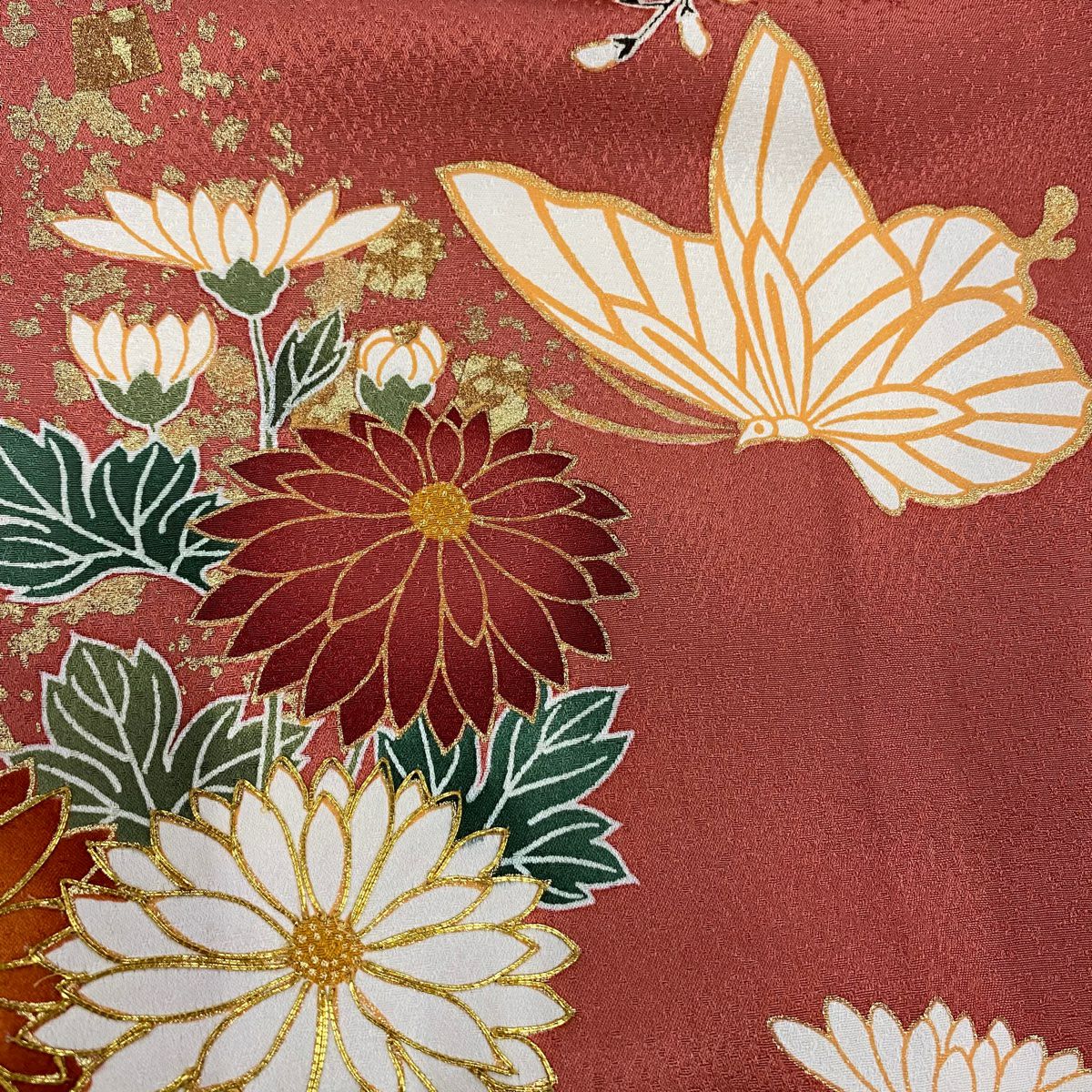 振袖禮服 身長158cm 袖長67cm M 雙層 蝶 菊花 金絲 金銀彩 粉紅 純蠶絲 優品級