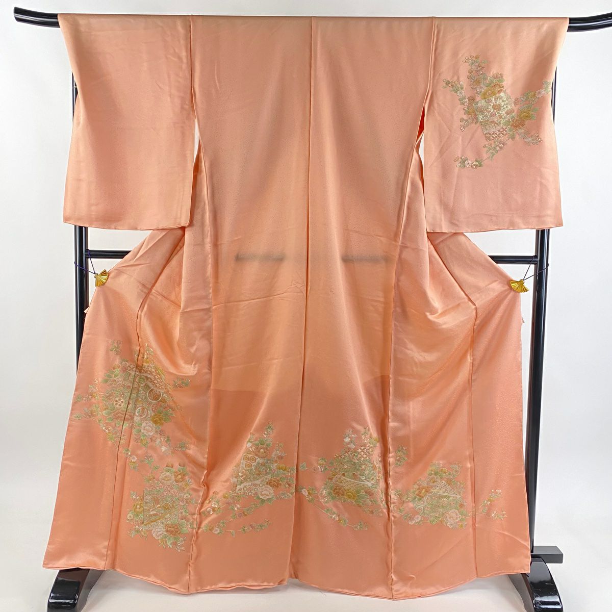 【美品】訪問服 身長168cm 袖長70cm 未仕立 單層 草花紋紋 破裂色紙 刺繡 金線 鮭粉色 純蠶絲 秀品級