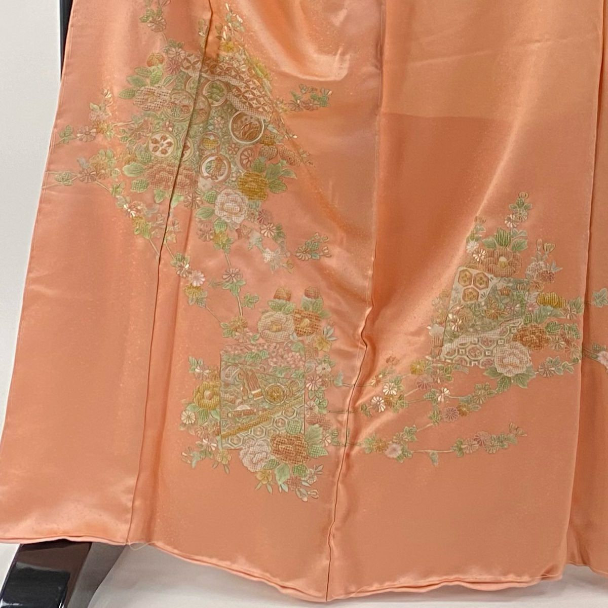 【美品】訪問服 身長168cm 袖長70cm 未仕立 單層 草花紋紋 破裂色紙 刺繡 金線 鮭粉色 純蠶絲 秀品級