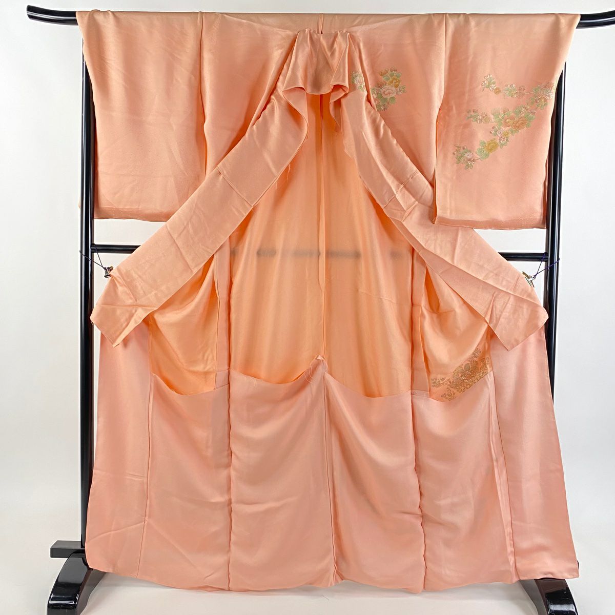 【美品】訪問服 身長168cm 袖長70cm 未仕立 單層 草花紋紋 破裂色紙 刺繡 金線 鮭粉色 純蠶絲 秀品級