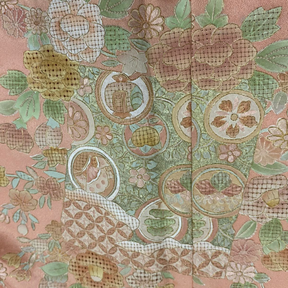 【美品】訪問服 身長168cm 袖長70cm 未仕立 單層 草花紋紋 破裂色紙 刺繡 金線 鮭粉色 純蠶絲 秀品級