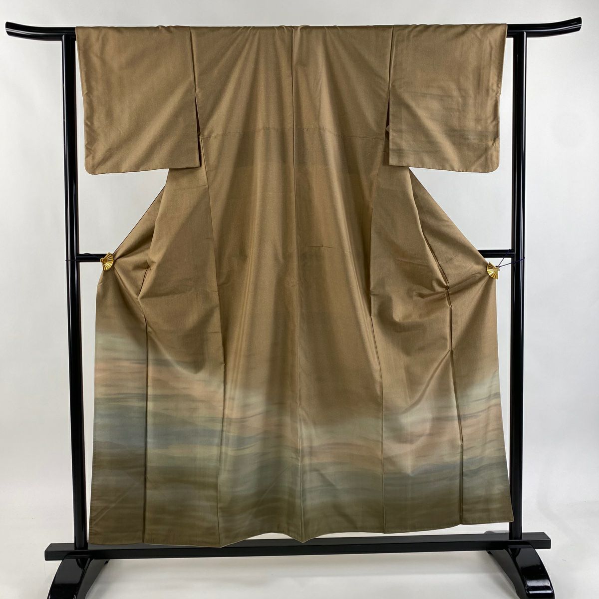 【美品】 付下 身長157cm 袖長61.5cm S 雙層 紬織織 山並 霞暈 茶 純蠶絲 優品級