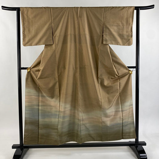 【美品】 付下 身長157cm 袖長61.5cm S 雙層 紬織織 山並 霞暈 茶 純蠶絲 優品級