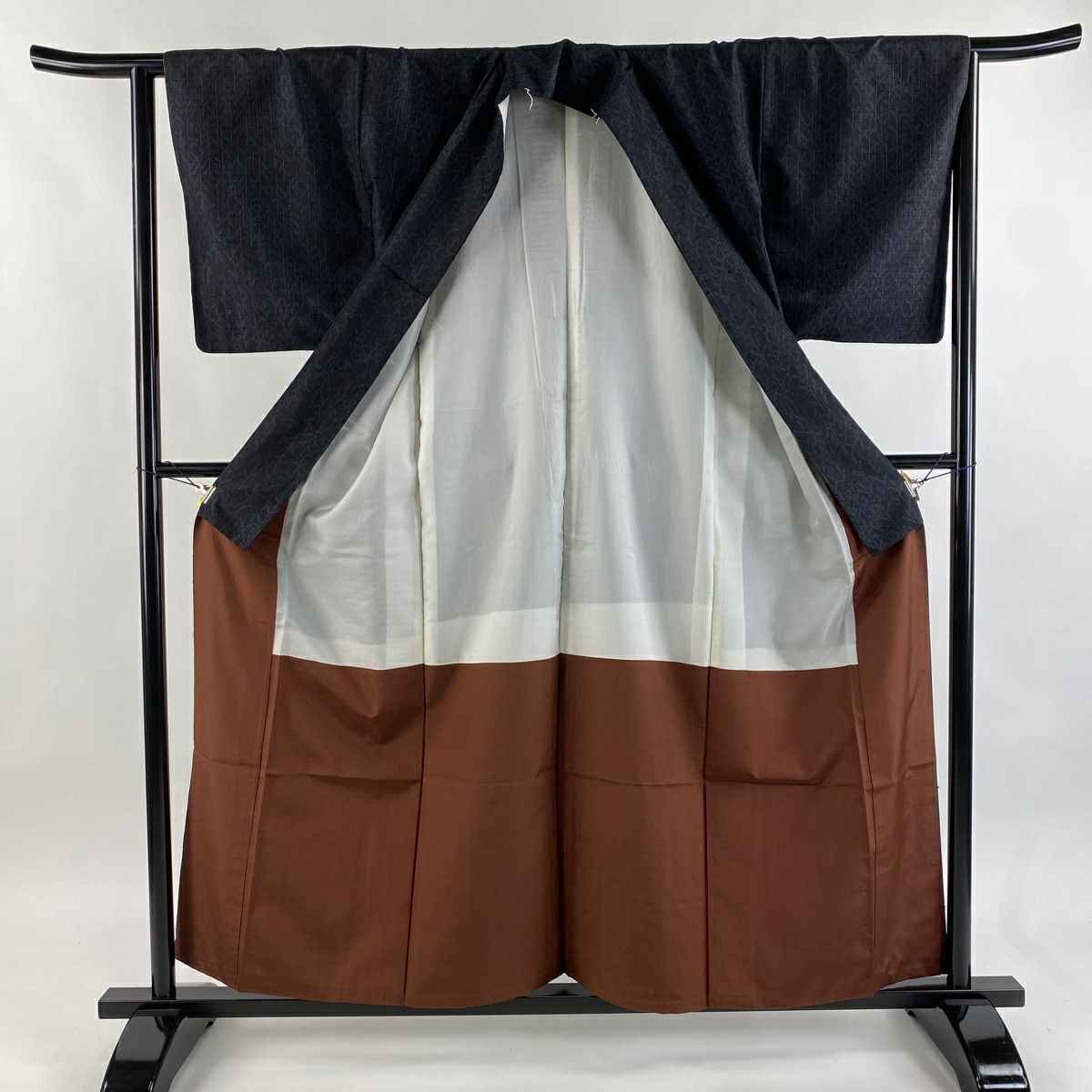 【美品】 紬織 身長157.5cm 袖長63.5cm S 雙層 幾何圖案 條紋 墨色 純蠶絲 優品級