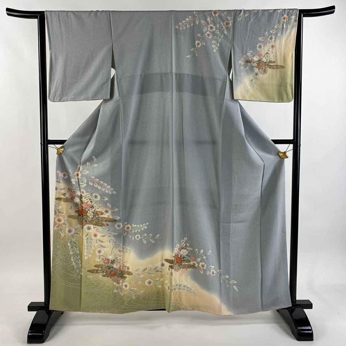 訪問服 身長161cm 袖長63cm S 雙層 花籠 ヱ霞 金銀彩 絞染 青灰 純蠶絲 秀品級