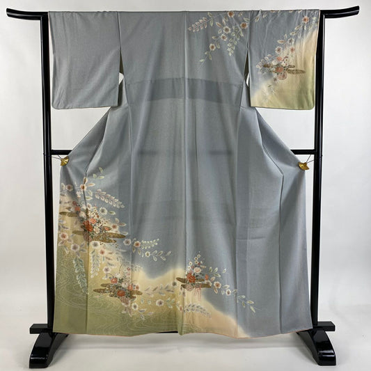 訪問服 身長161cm 袖長63cm S 雙層 花籠 ヱ霞 金銀彩 絞染 青灰 純蠶絲 秀品級