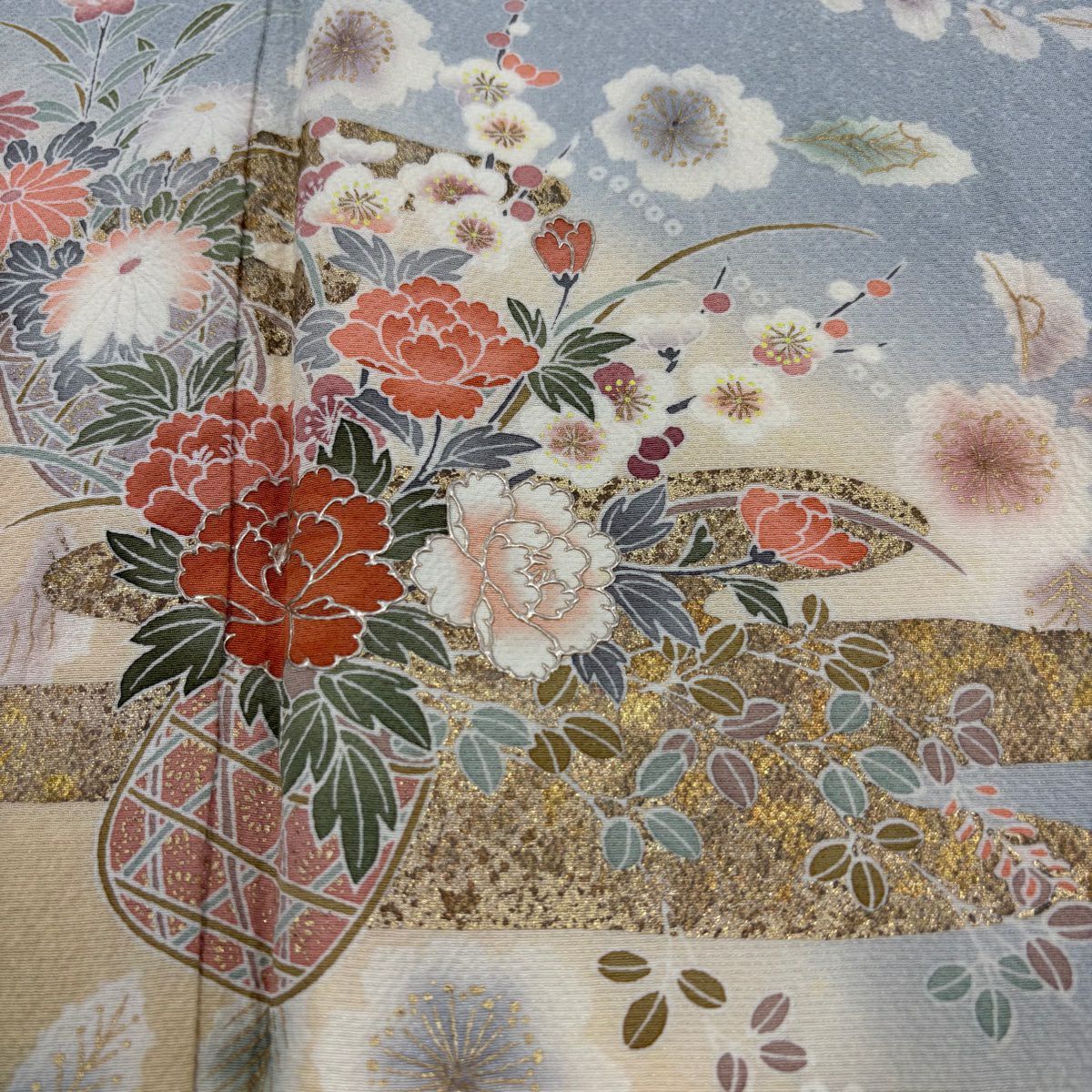 訪問服 身長161cm 袖長63cm S 雙層 花籠 ヱ霞 金銀彩 絞染 青灰 純蠶絲 秀品級
