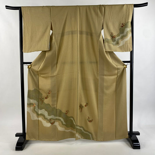 訪問服 身長165cm 袖長66cm M 雙層 雪輪 草花紋紋 金糸刺繡 米色 純蠶絲 優品級