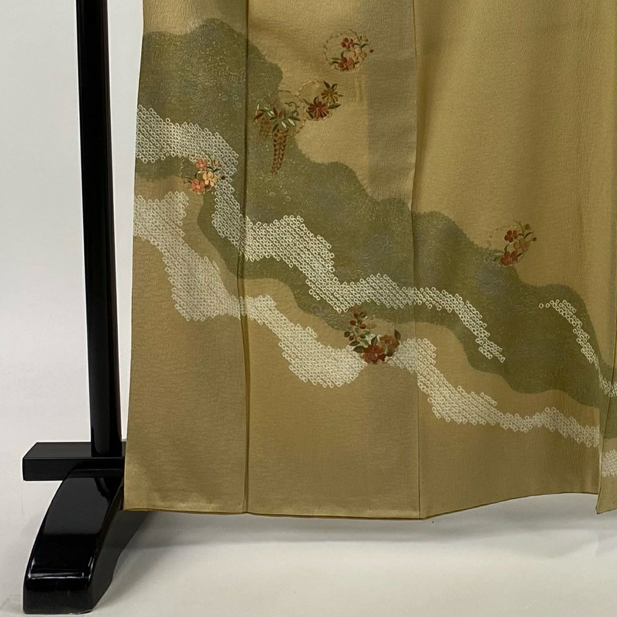 訪問服 身長165cm 袖長66cm M 雙層 雪輪 草花紋紋 金糸刺繡 米色 純蠶絲 優品級