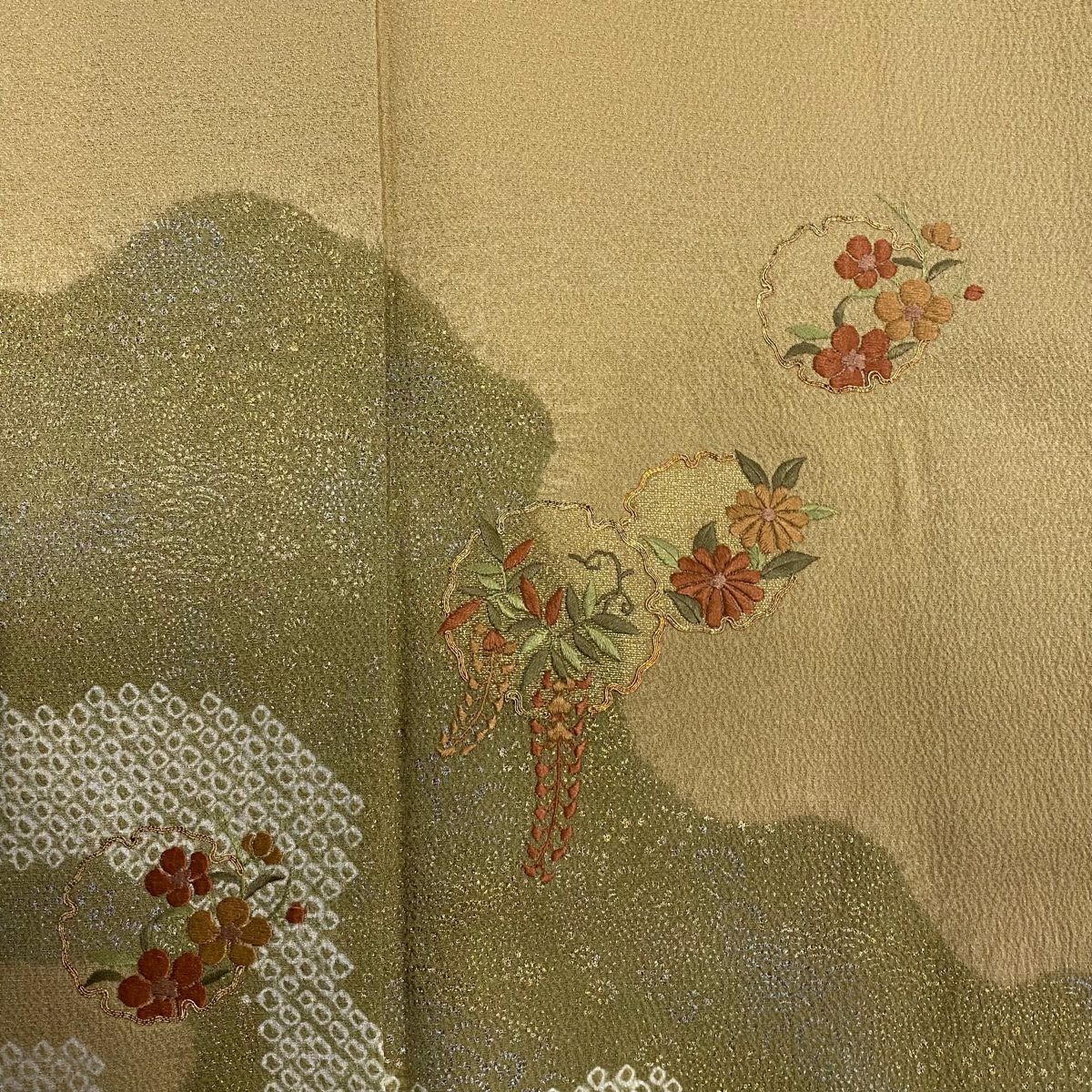 訪問服 身長165cm 袖長66cm M 雙層 雪輪 草花紋紋 金糸刺繡 米色 純蠶絲 優品級