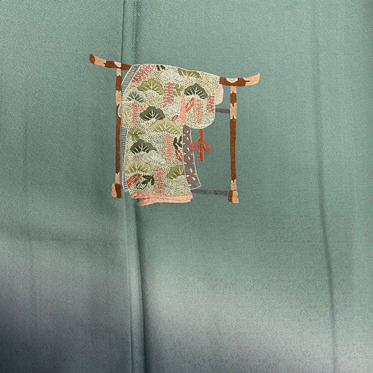 付下 身長157cm 袖長63cm S 雙層 誰が袖 草花紋紋 刺繡 漸層 灰綠 純蠶絲 優品級