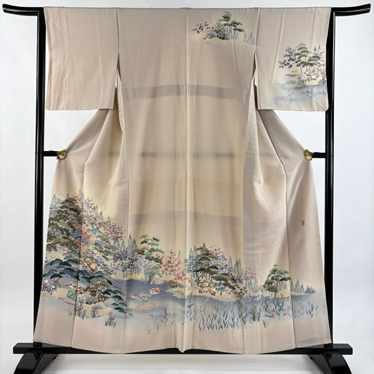 訪問服 身長157.5cm 袖長64cm M 雙層 落款あり 風景 松樹 漸層 粉米色 純蠶絲 優品級