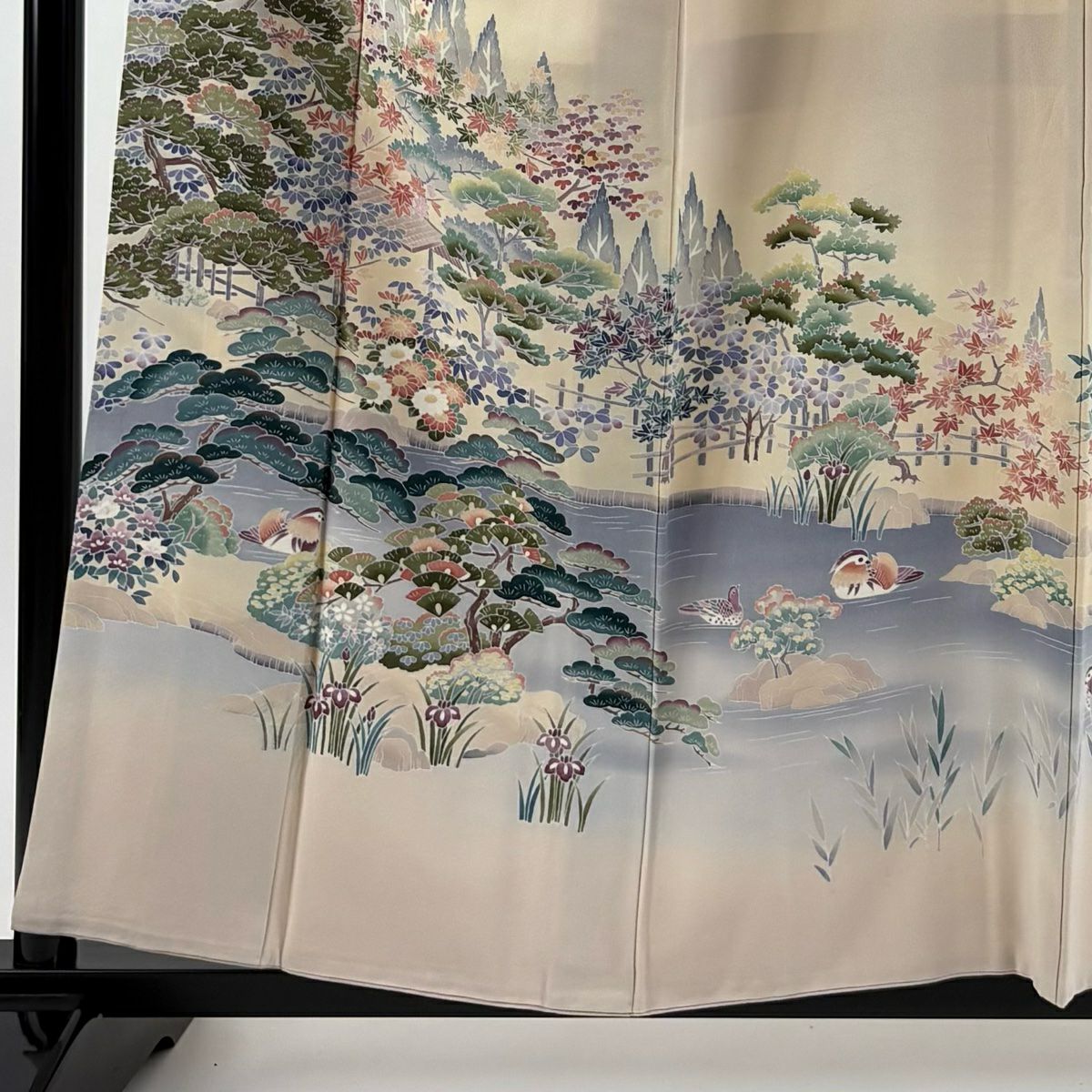 訪問服 身長157.5cm 袖長64cm M 雙層 落款あり 風景 松樹 漸層 粉米色 純蠶絲 優品級