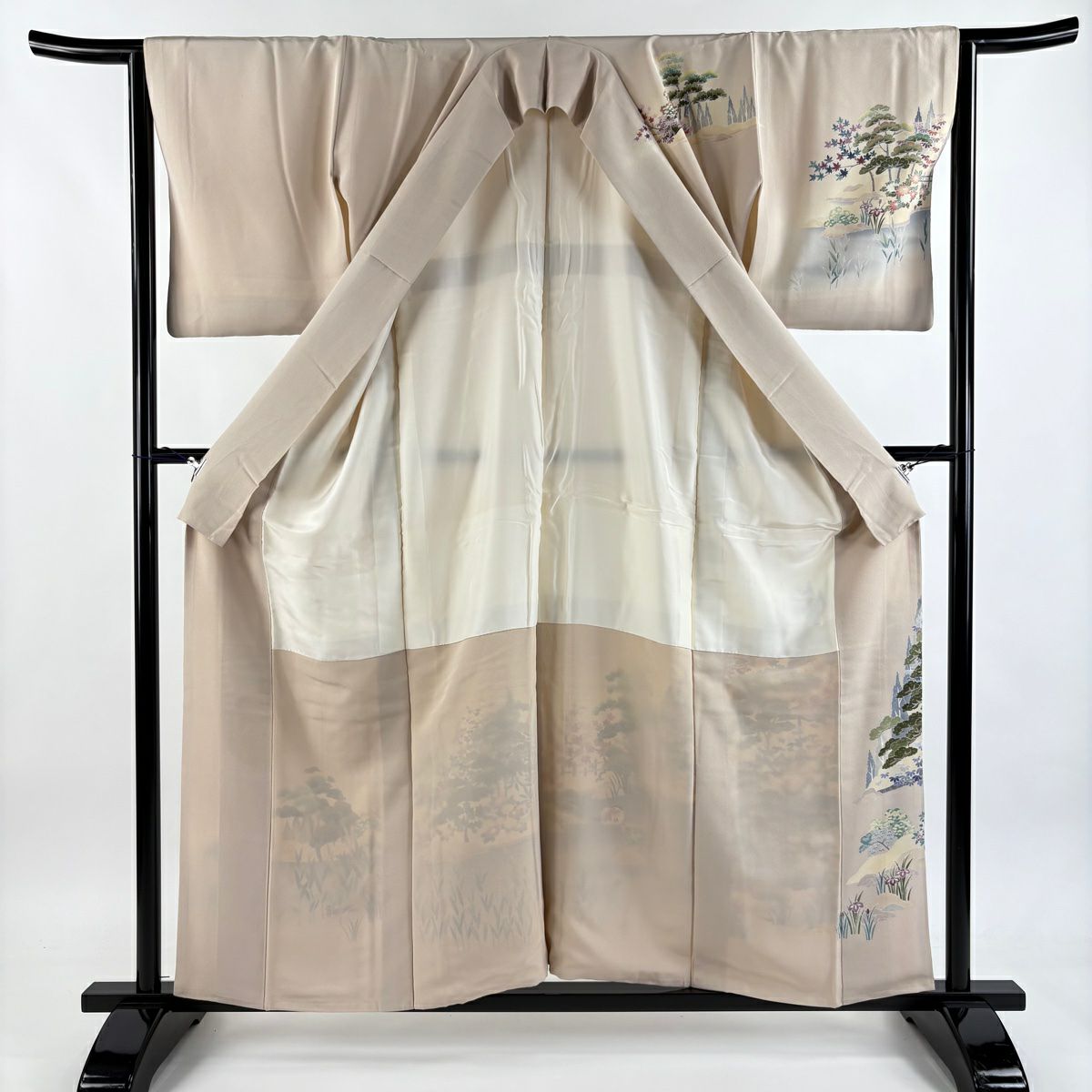 訪問服 身長157.5cm 袖長64cm M 雙層 落款あり 風景 松樹 漸層 粉米色 純蠶絲 優品級