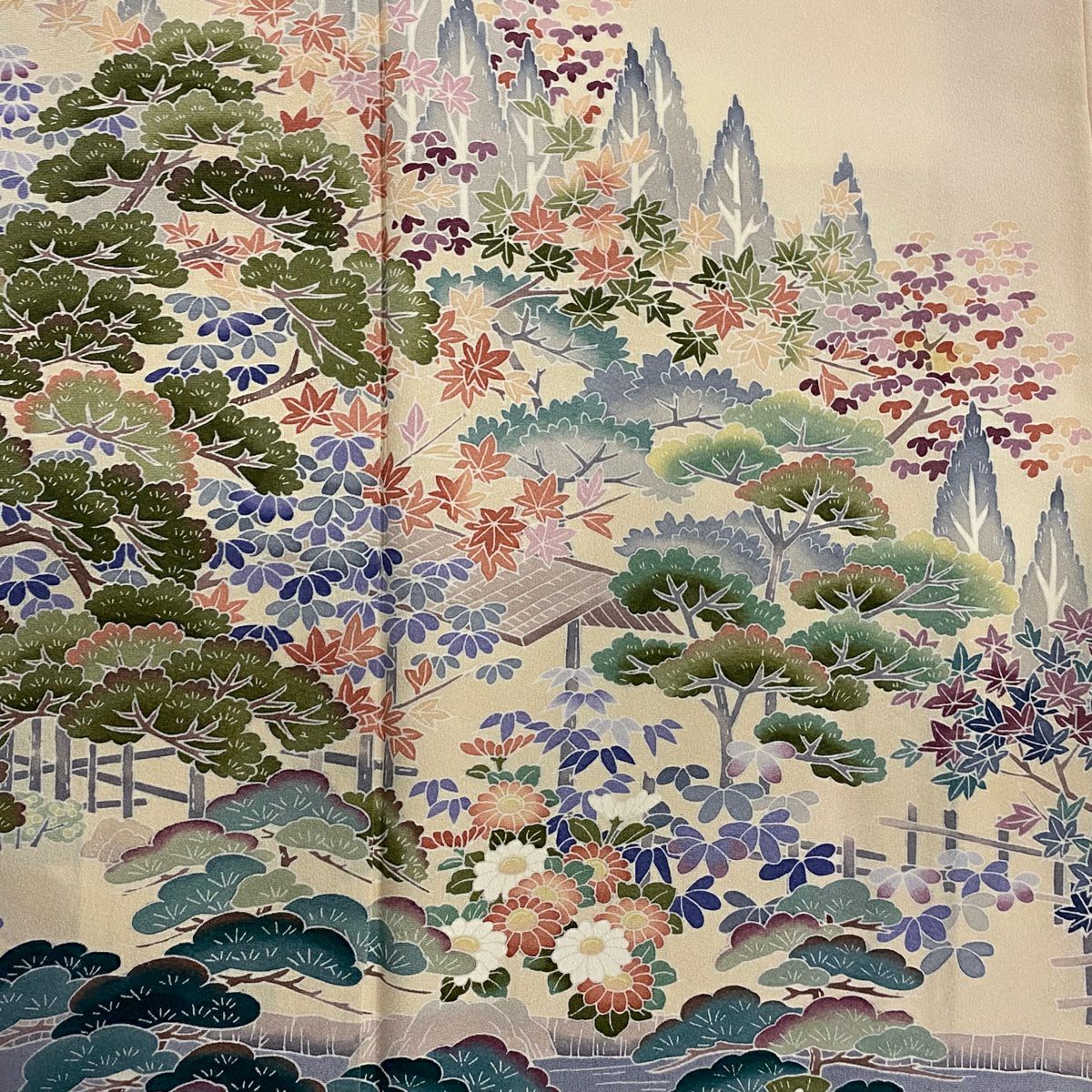 訪問服 身長157.5cm 袖長64cm M 雙層 落款あり 風景 松樹 漸層 粉米色 純蠶絲 優品級