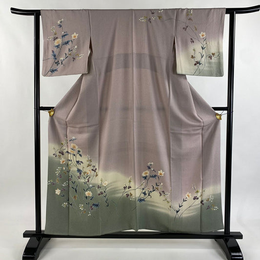 訪問服 身長156.5cm 袖長61.5cm S 雙層 草花紋紋 金彩裝飾 漸層 灰紫 純蠶絲 優品級