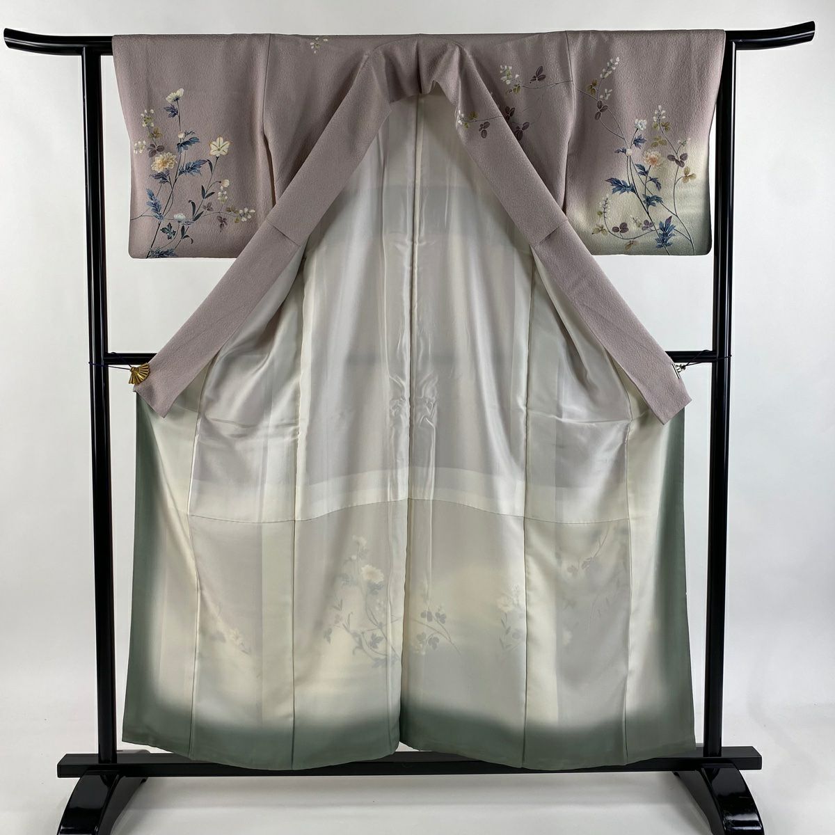 訪問服 身長156.5cm 袖長61.5cm S 雙層 草花紋紋 金彩裝飾 漸層 灰紫 純蠶絲 優品級
